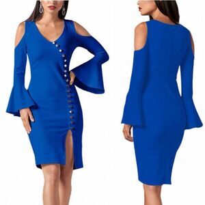 NEW Venus Royal Blue Cold Shoulder Bell Sleeve Dress XL